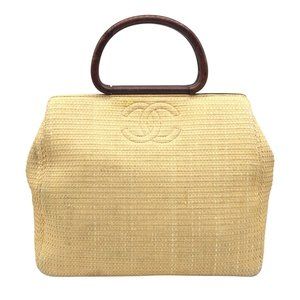 Chanel Vintage 2000 CC Doctor's Beige Raffia Woven Wood Handle Satchel
